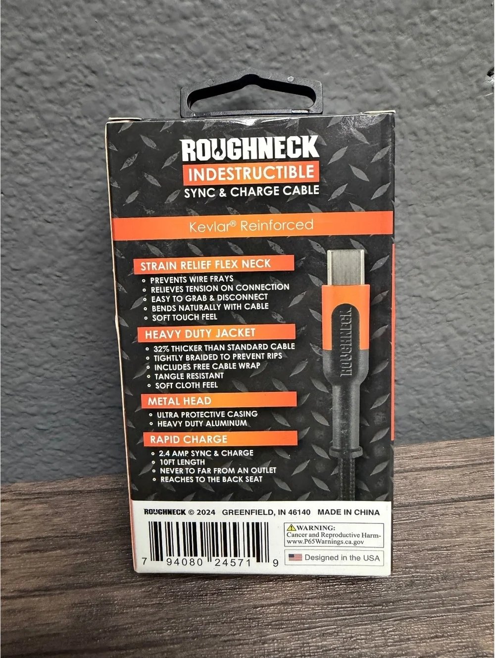 10ft Roughneck USB-C to USB-C Cable 2.4A Indestructible Heavy Duty Cord
